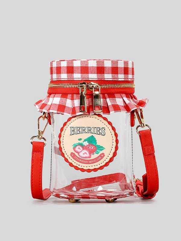 New Arrival Strawberry Jam Jar Bag for Women – Cute Niche Transparent Letter Crossbody Shoulder Bag
