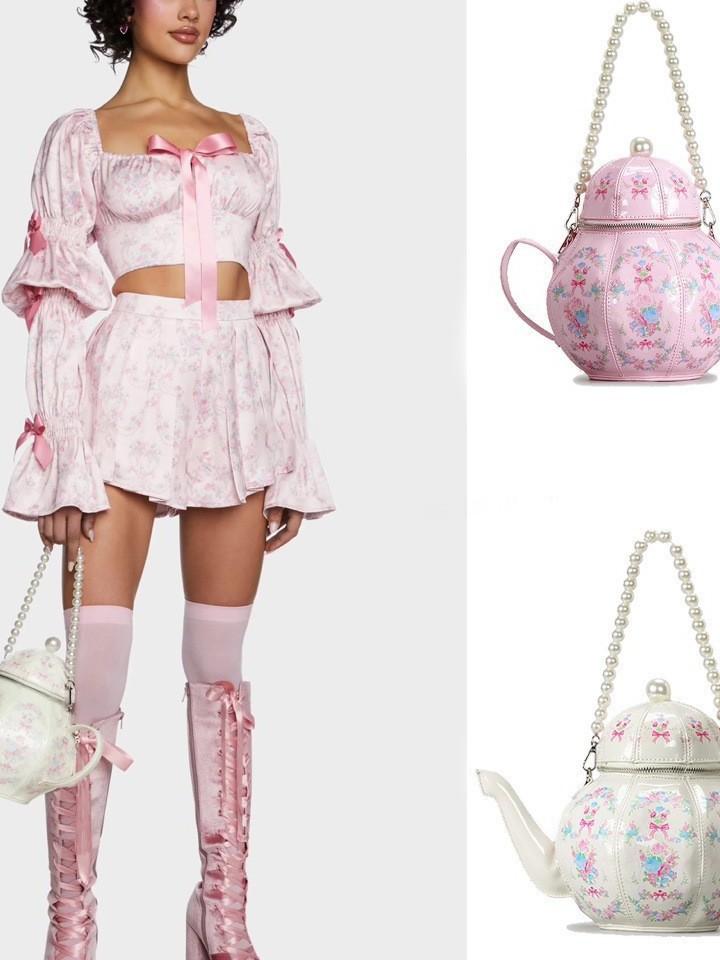 Teapot Print Handbag — Pearl Chain Crossbody in Vintage Lolita Style