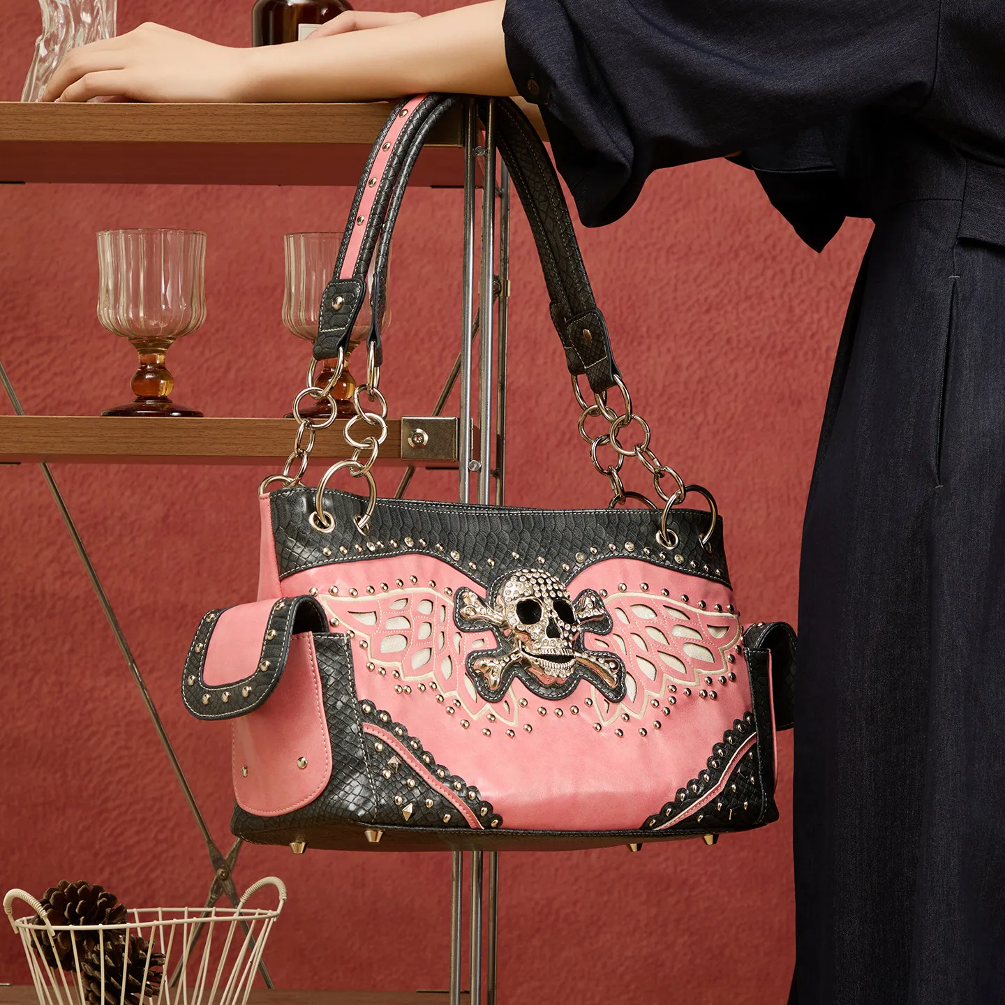 Skull Y2K Bag | Studded Chain Color-Block Shoulder Bag