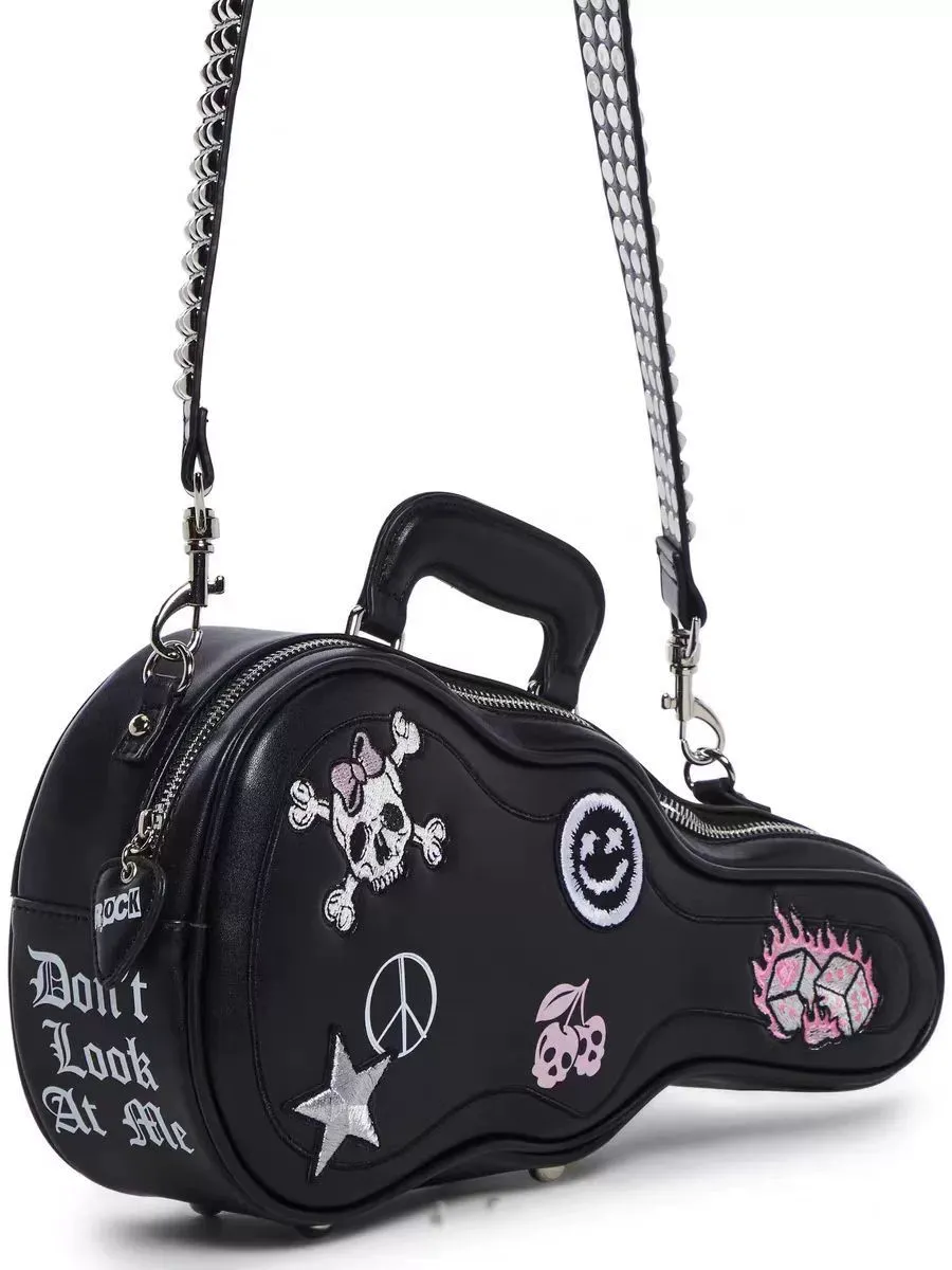 New Arrival Guitar-Shaped Rock Punk Handbag for Women – Trendy Studded Strap Crossbody Shoulder Bag