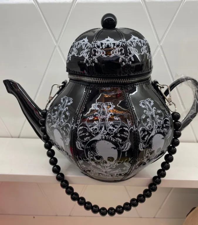 Teapot Print Handbag — Pearl Chain Crossbody in Vintage Lolita Style