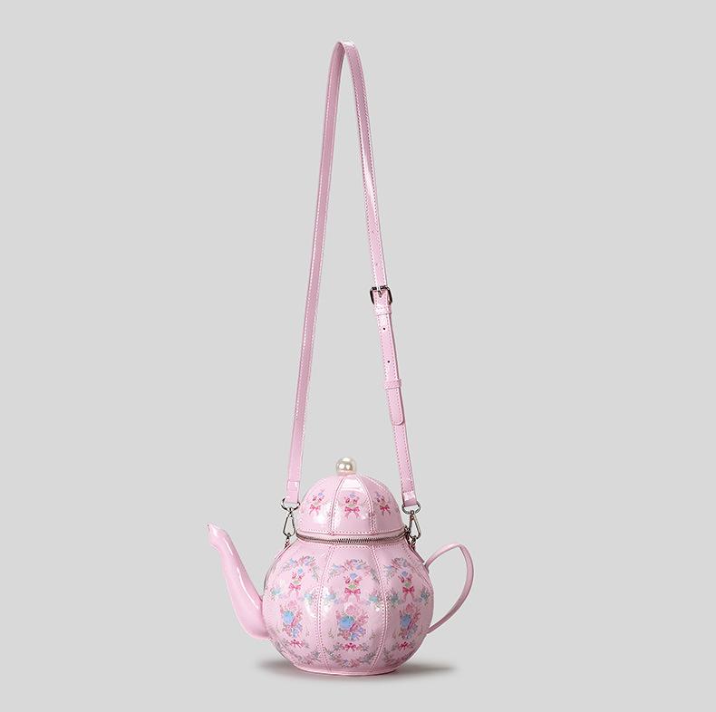 Teapot Print Handbag — Pearl Chain Crossbody in Vintage Lolita Style