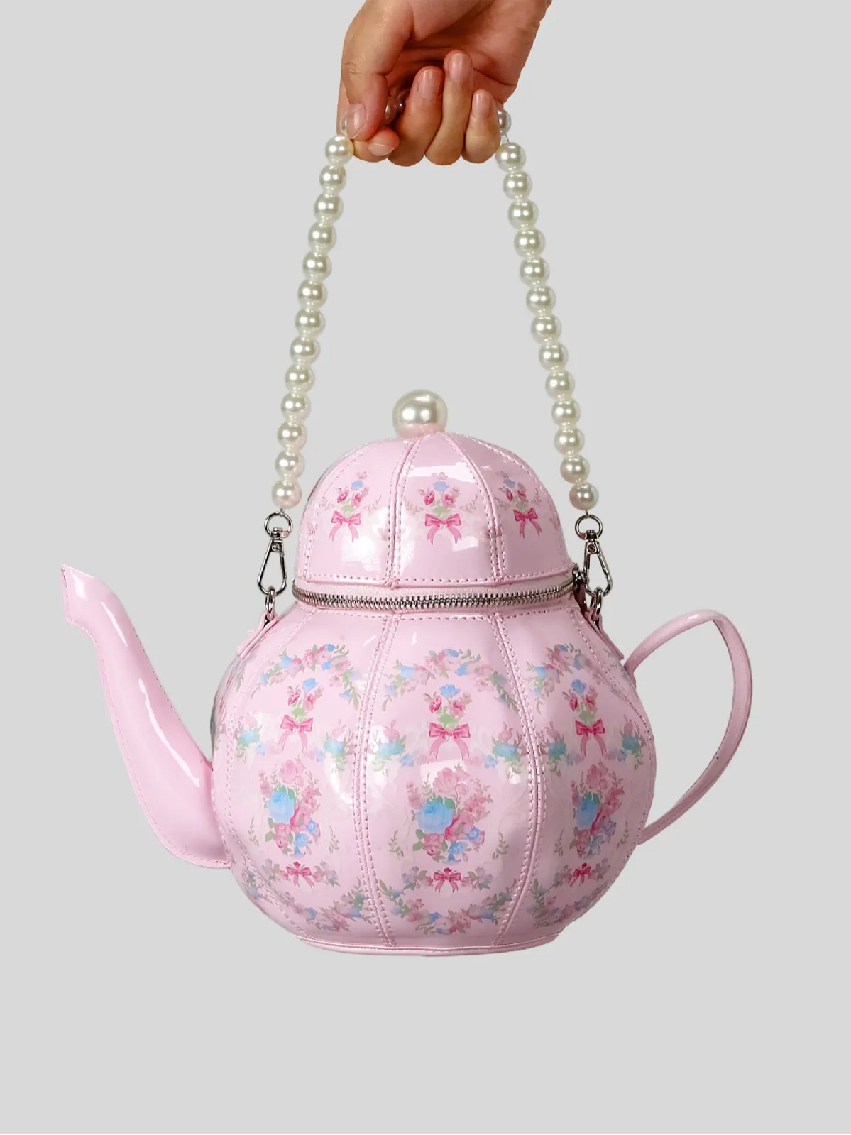 Teapot Print Handbag — Pearl Chain Crossbody in Vintage Lolita Style