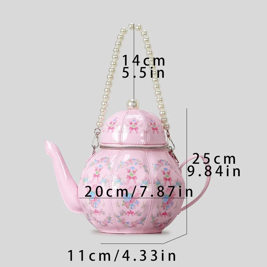 Teapot Print Handbag — Pearl Chain Crossbody in Vintage Lolita Style