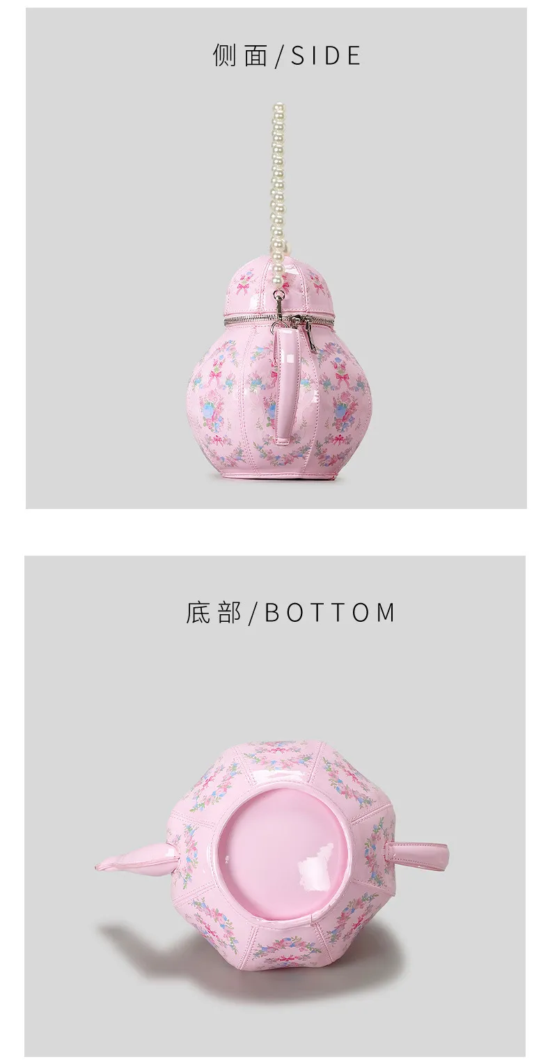 Teapot Print Handbag — Pearl Chain Crossbody in Vintage Lolita Style