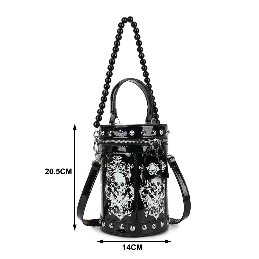 Gothic Skull Cylinder Bag | Studded Pearl Shoulder Bag