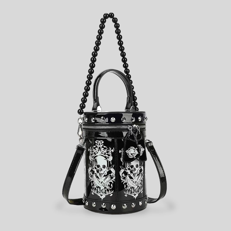 Gothic Skull Cylinder Bag | Studded Pearl Shoulder Bag