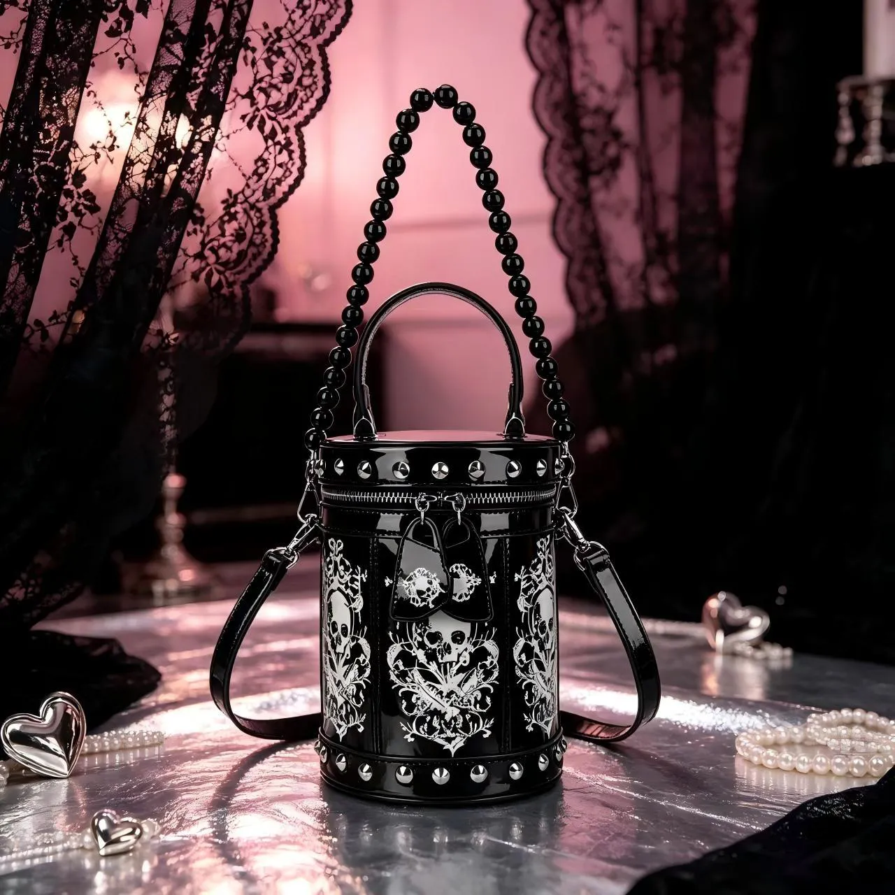 Gothic Skull Cylinder Bag | Studded Pearl Shoulder Bag