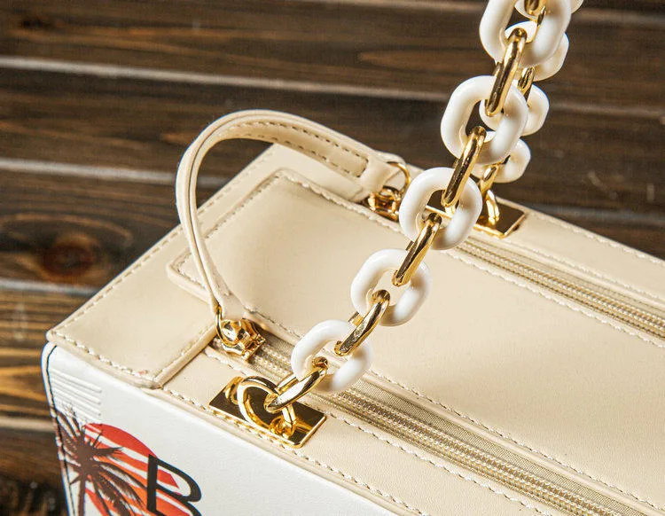 Retro Bus Shape Chain Handbag, Unique Irregular Printed Large Capacity Women Bag