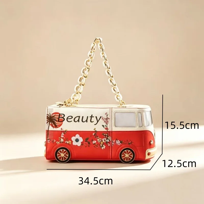 Retro Bus Shape Chain Handbag, Unique Irregular Printed Large Capacity Women Bag